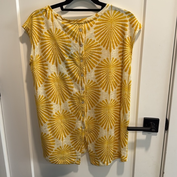 Joie Yellow Leaf Print 100% Linen Short Sleeve Button Back Mother of Pearl - Picture 4 of 6